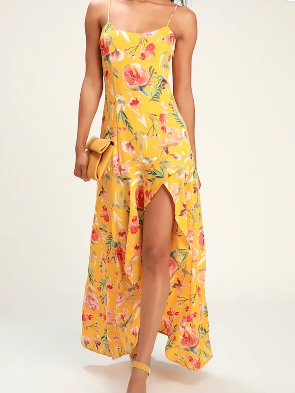 Lulu's Yellow Floral Spaghetti-Strap high to Low Maxi Dress